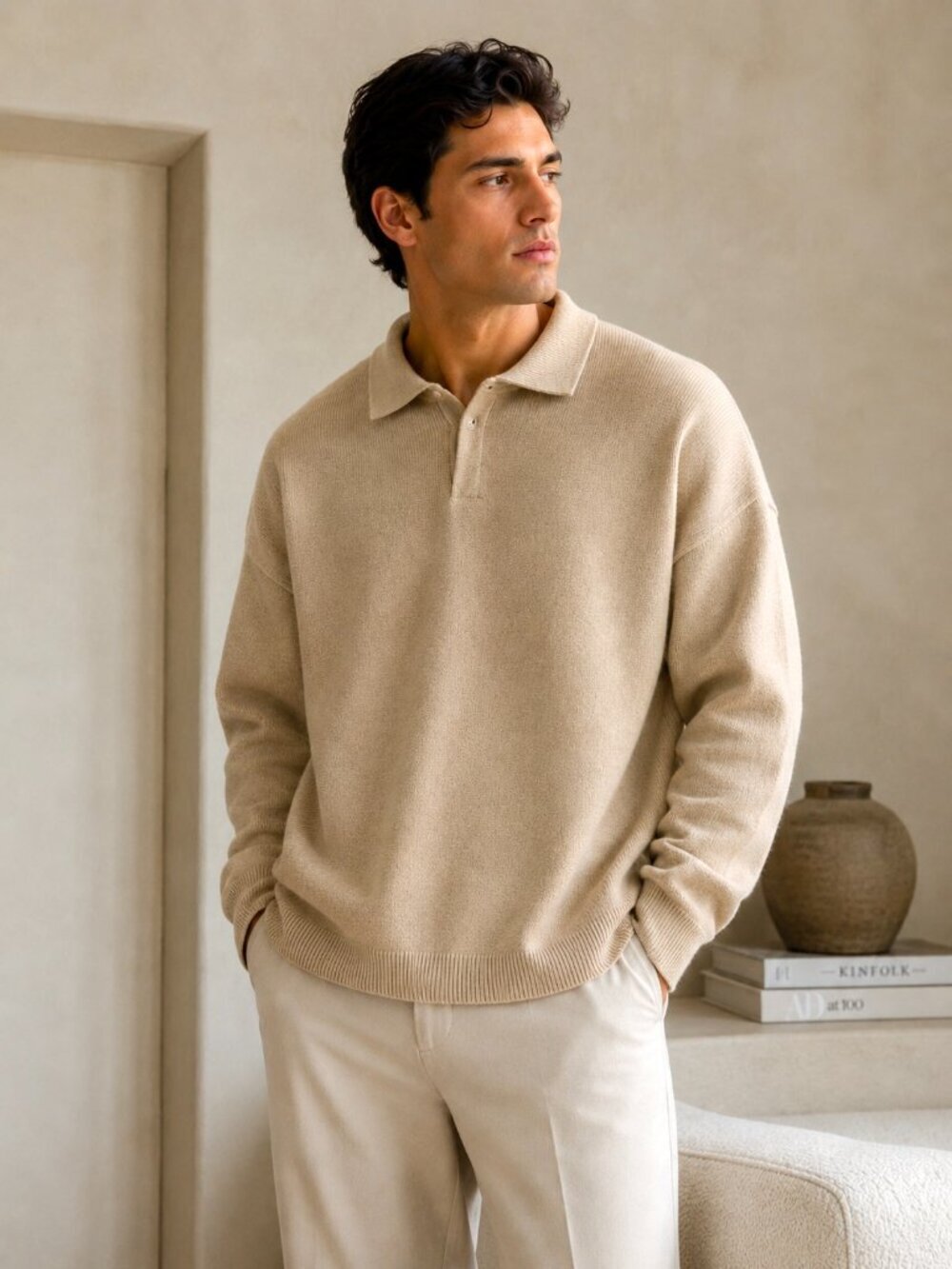 Essentials Fear of God Knit Polo Sweater Beige Sand Oversized Long Sleeve XL
